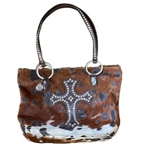 Raviani Cowhide Hair On Hide Tote Bag Studded Cross Rhinestone Handbag  Purse